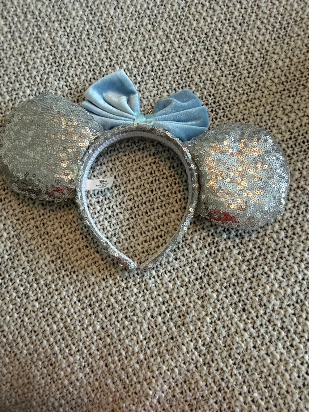 Disney Silver Sequin Minnie Ear Headband with Light Blue Bow kids size